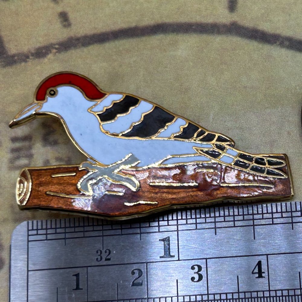 Vintage Woodpecker Bird Enamel Cloisonne Animal Brooch Pin
